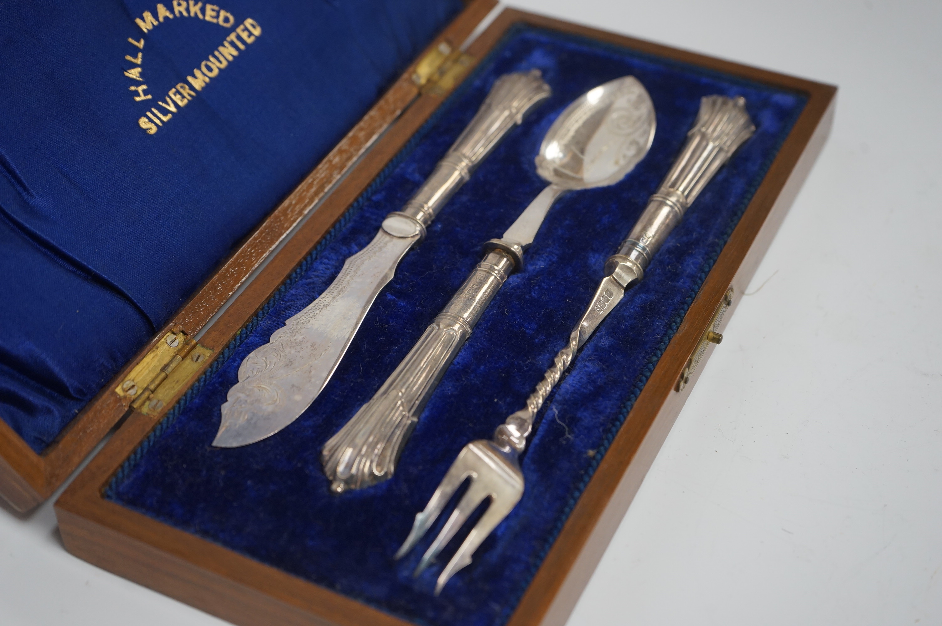 A cased Edwardian three piece silver handled plated cutlery set, comprising, a pickle fork, a preserve spoon and a butter knife, John Batt & Co Ltd, Sheffield, 1901. Condition - fair to good.